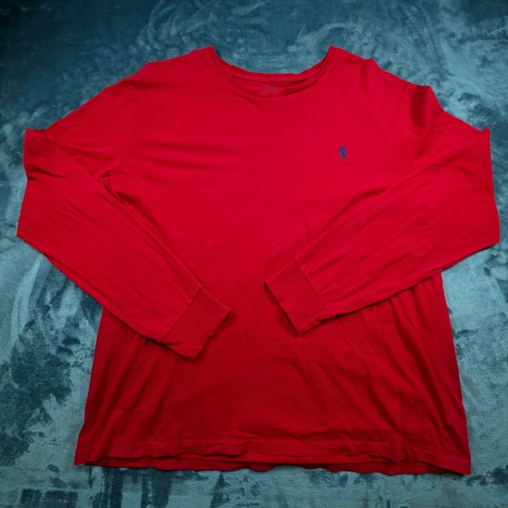 Polo Ralph Lauren Mens XL Long Sleeve T-Shirt Red Cotton Crew Neck Blue Pony